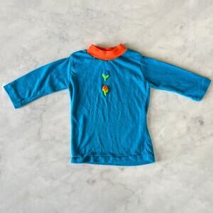 Vintage 70s Girl's Turquoise Flower Appliqué Long Sleeve Mock Neck Shirt